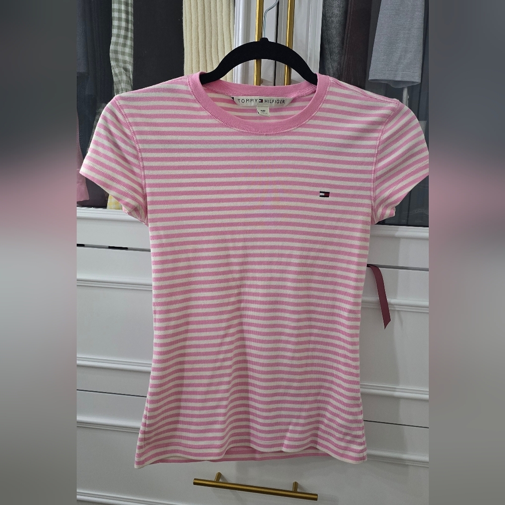 Tommy Hilfiger Pink and White Striped Tee
